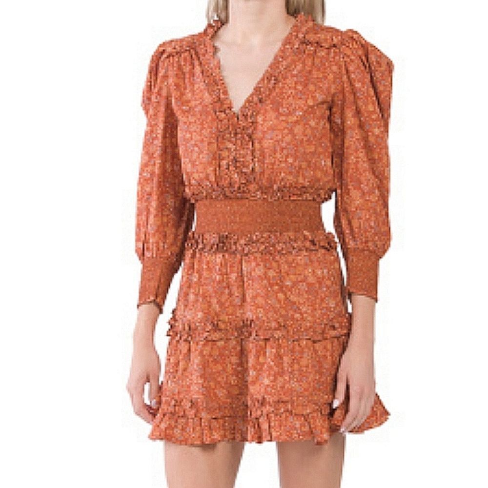 HOUSE OF HARLOW V-Neck Smocked Waist Tiered rust Ruffle Dress Size:XSMALL